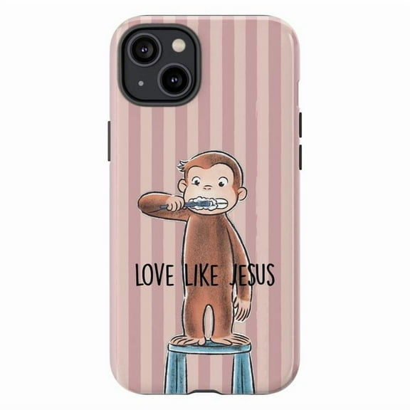 Love Like Jesus Curious Monkey Phone Case, Cute Monkey & Pink Stripe Christian Cover for iPhone 17-11 Pro Max Plus Mini