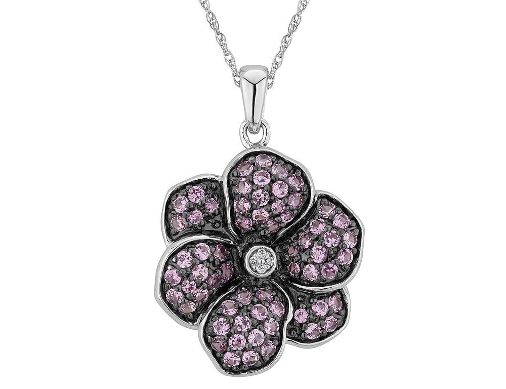 Created Pink Sapphire and Diamond Flower Pendant Necklace 1.00 Carat (ctw) in Sterling Silver with Chain by Gem And Harmony