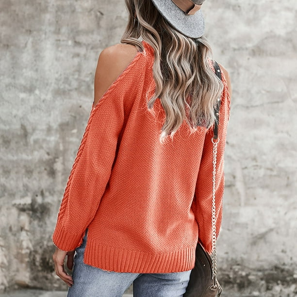 Woman Sweater Long Sleeve Pure Color Loose Comfortable Breathable Female Sweater Off Shoulder Top Orange XL Walmart