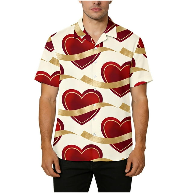 Chemise Unisexe à Manches Courtes avec Imprimé de la Saint-Valentin, Chemise Décontractée Boutonnée Assortie pour Couples avec Col Rabattu, Haut Graphique Coupe Régulière en Tissu Léger et Respirant pour Cadeaux des Fêtes et Sorties à Thème