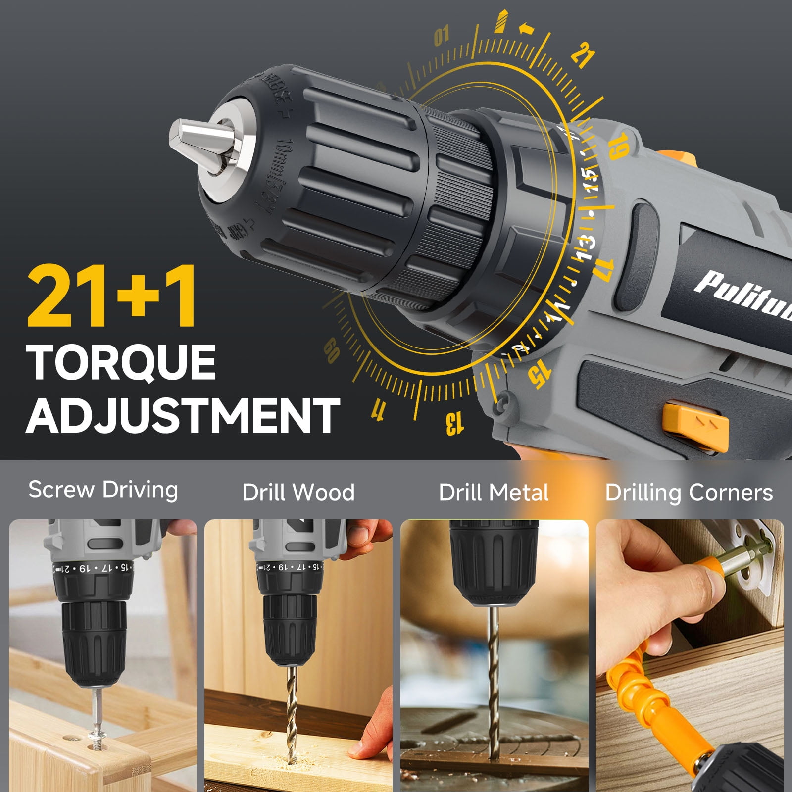 Pulituo 20V Cordless Drill Driver Kit, Home Tool Set with 20V Lithium-Ion Drill, 119PCS All-Purpose Kit, 21+1 Torque, 2-Speed, DIY & Home Repairs Yellow