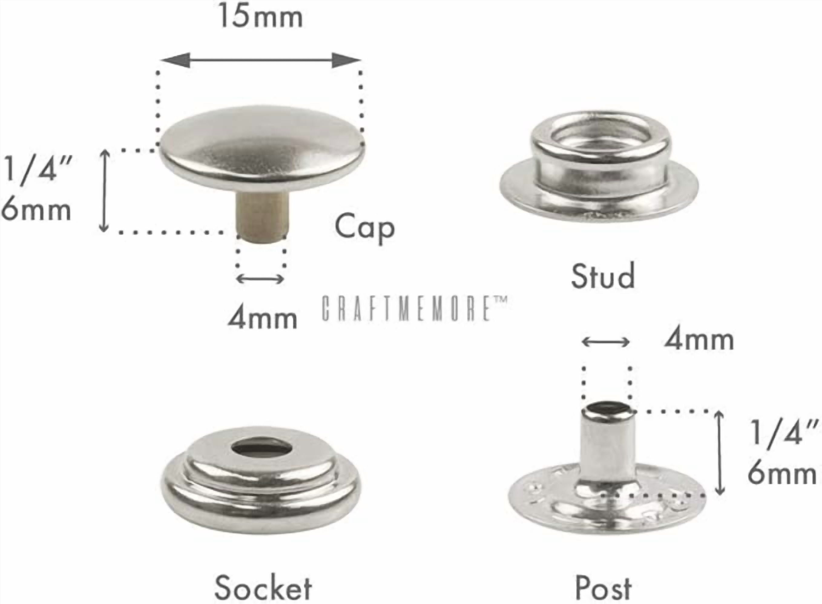 Snap Setter Fastener Kit Button Fixing Tool Ring-Socket Popper Setting Tool with 10 Silver Snaps #201 VT47 (15mm (0.59"))