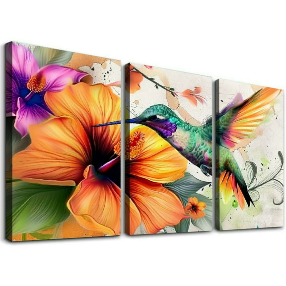 Ullo0ord  Bird Painting Art Prints Abstract Hummingbird with Hawaii Hibiscus Flower Canvas Wall Art Orange Poster Picture with Frame Modern Home Living Room Wall Decor