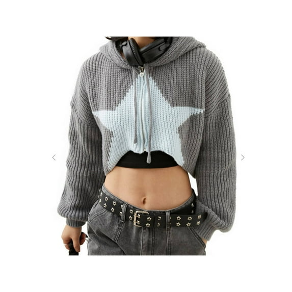 Qmyliery Women Fashion Cropped Sweater Cardigan Stars Pattern Contrast Color Hooded Long Sleeve Pullovers Zipper-Up Loose Tops,S/M/L/XL