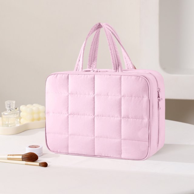 Necesera de aseo colgante con organizador de joyas | Almacenamiento multicapa de nylon | Negro Rosa Blanco | Asa portátil | Pincel de maquillaje resistente al agua para herramienta de belleza |
