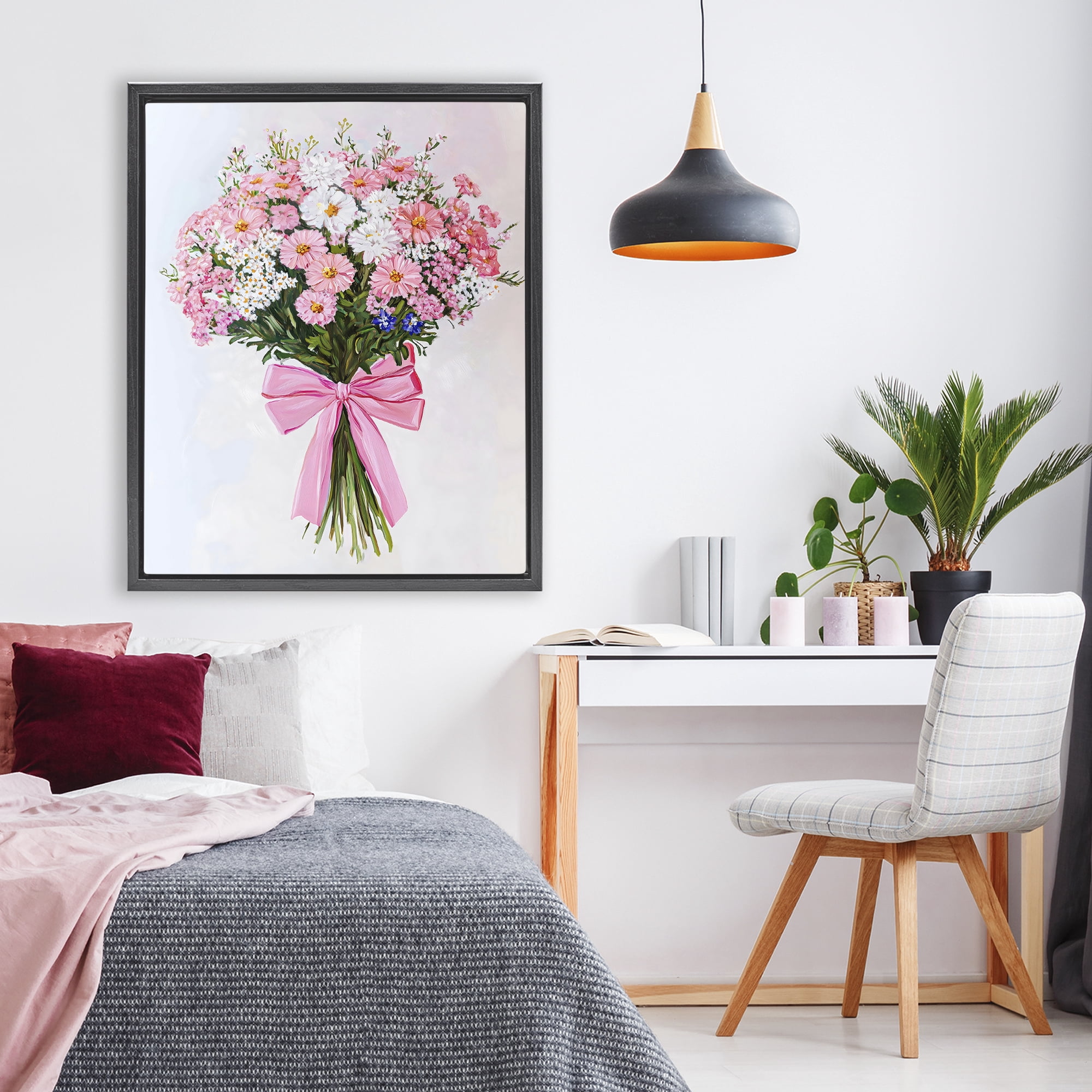 Stupell Industries Pink & White Tied Flower Bouquet Black Framed Floater Canvas Wall Art, design by The Prints Vibe