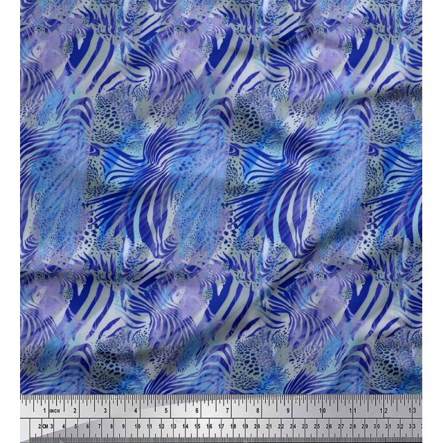 Soimoi Blue polyester Crepe Fabric Leopard & Wild Animal Skin Decor Fabric Printed BTY 52 Inch Wide