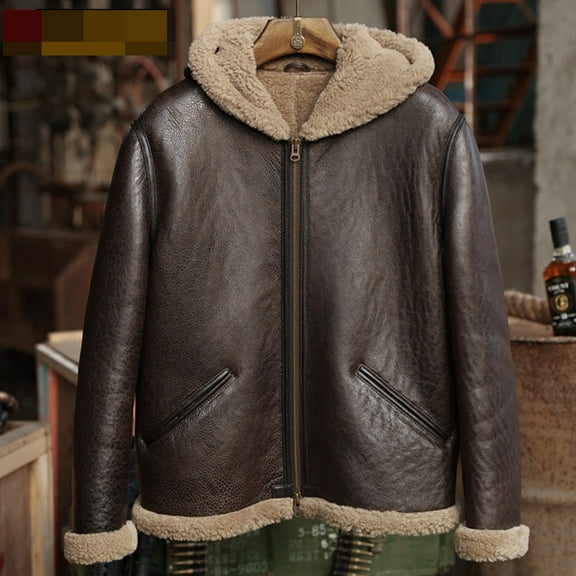 Men's Winter Coat Genuine Sheepskin Lambskin Leather Shearling Jacket for Motorcyclist Biker with a Hood Thick Wool Liner Brown Plus Size 58 60 62,50,Brown