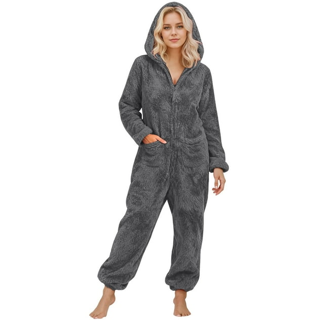 TINZ Combinaisons pour Femmes Pyjama à Capuche en Peluche Combinaison à Manches Longues Pyjama Chaud d'Hiver Pyjama en Jean Combinaisons pour Femmes
