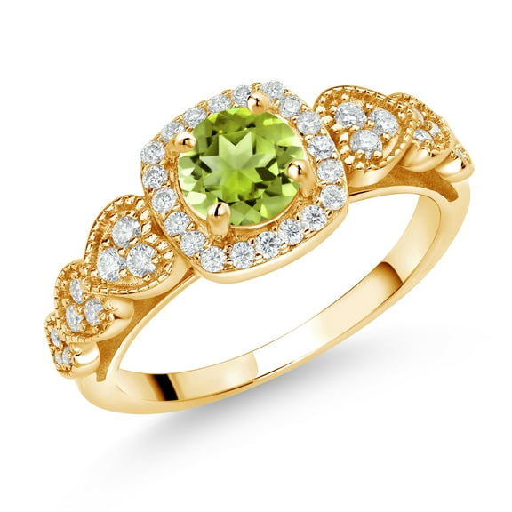 Gem Stone King 18K Yellow Gold Plated Silver Green Peridot and White Moissanite Engagement Ring for Women (1.38 Cttw, Round 6MM, Gemstone August Birthstone, Size 9)
