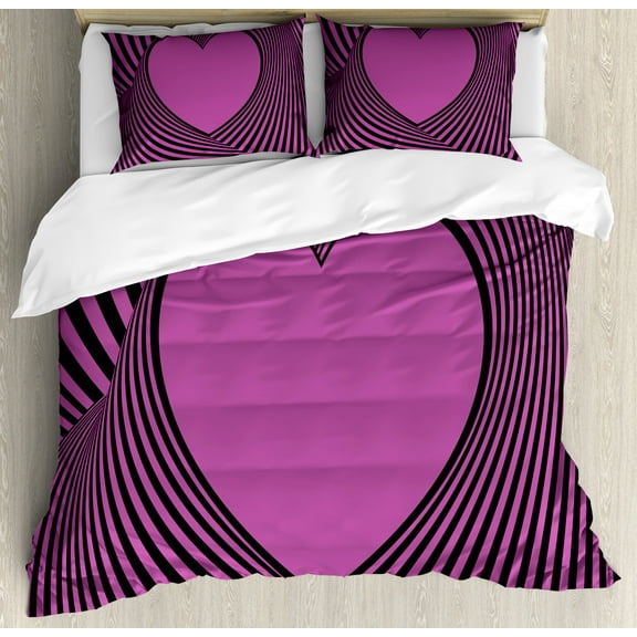 Pink Zebra King Size Duvet Cover Set, Heart Shape with Twisting Lines Happiness Love Valentines Day Themed Stripes, Decorative 3 Piece Bedding Set with 2 Pillow Shams, Fuchsia Black, by Ambesonne