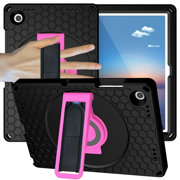 Nalacover Case for Samsung Galaxy Tab A9 Plus 11-inch 2023/X210/X215/X216, Military Grade Heavy Duty Silicone PC Protection Rugged Cover with Rotating Stand & Handle & Shoulder Strap, Black/Rose