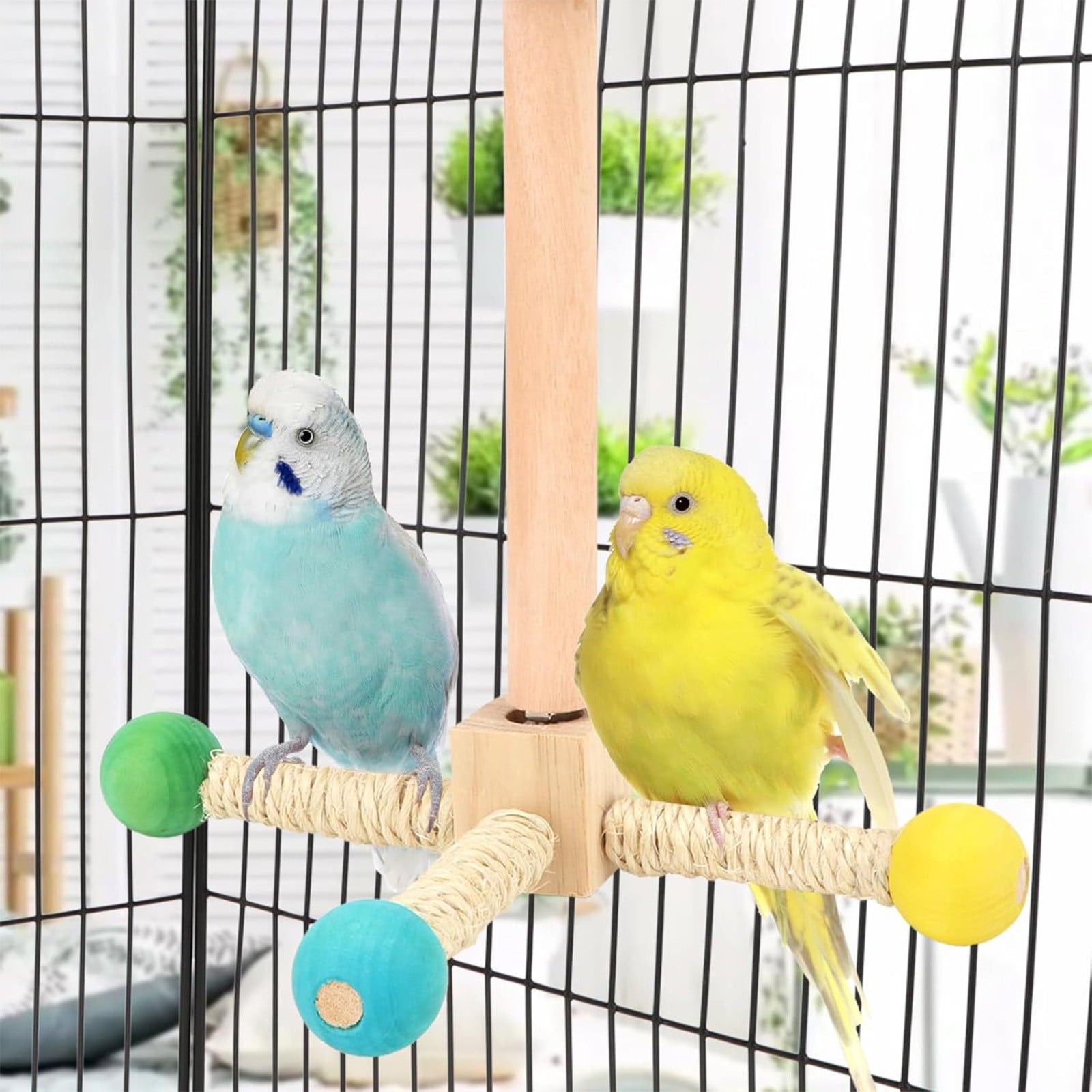 Dxssxc Natural Wood Parrot Perch Stand 360 Rotating Bird Gym, Hanging Cage Accessory with Sisal Rope for Lovebirds Budgies Cockatiels Climbing Toy