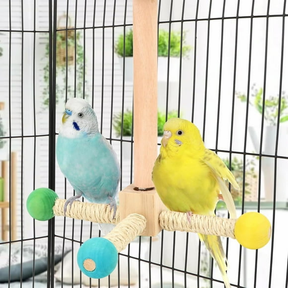 Jaula colgante de madera para loros, gimnasio, soporte giratorio de 360 grados con cuerda de sisal, ideal para loros pequeños, agapornis y periquitos.