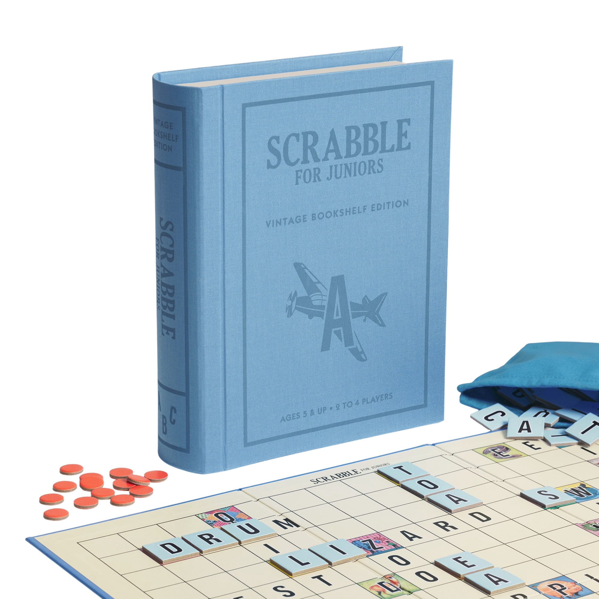 WS Game Company Scrabble Junior Vintage Bookshelf Edition – 2-Sided Board Grows with Your Child – Fabric Wrapped Book Storage Word Game for Ages 5 and Up