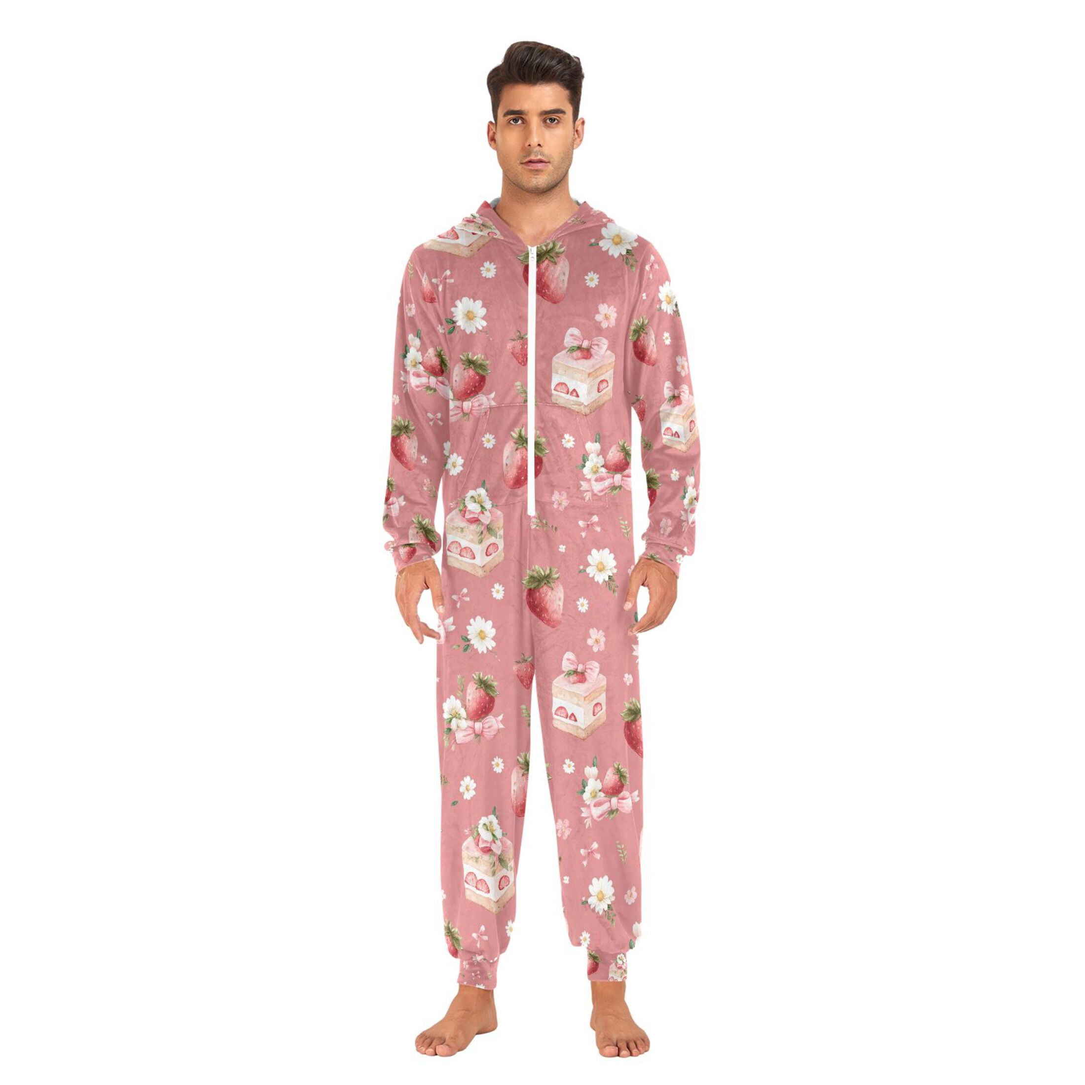 Adult Christmas Onesie Strawberry Cake Bow Pattern Adult Zipper One-Piece Pajamas Unisex Pajamas with Pockets