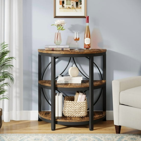 Tribesigns Half Round End Table, 25.59 Height Narrow Side Table with Metal Frame for Living Room, Rustic Brown