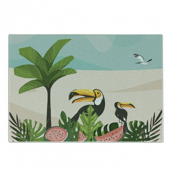 Graphic Beach Cutting Board, Cartoon Illustration with Watermelons Toucans Leaves Palm Tree and Seagull, Decorative Tempered Glass Cutting and Serving Board, in 3 Sizes, by Ambesonne