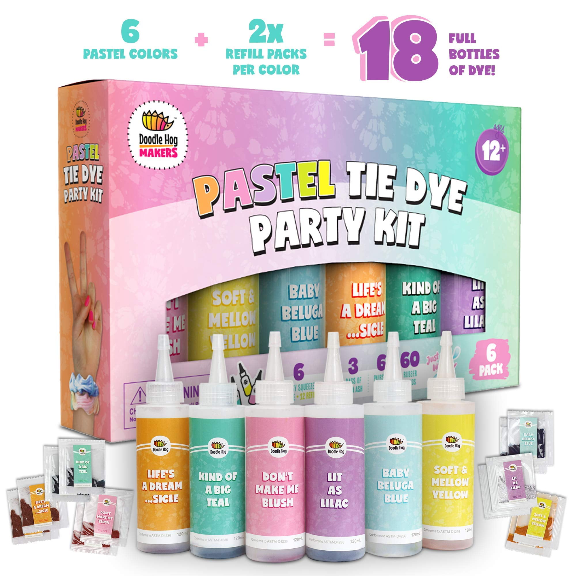 Doodle Hog Pastel Tie Dye Kit Create Colorful Custom Designs with 6 Bottles of Fabric Dye and 12 Refills