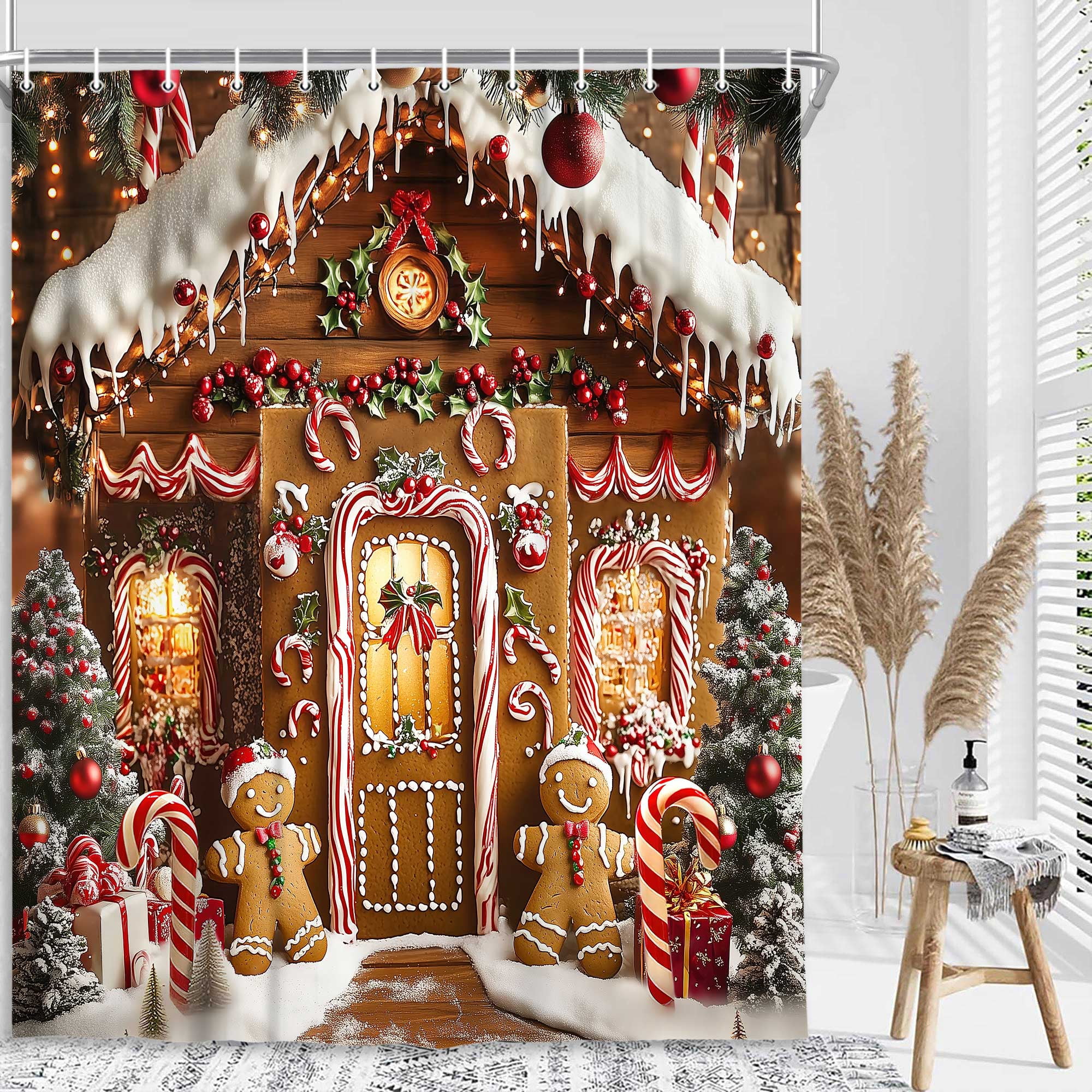 Christmas Kids Shower Curtain, Gingerbread House Snowflake Holiday Fabric Bath Curtain, Xmas Pine Tree Restroom Decor Bathroom Accessories with Hooks, 72X72in