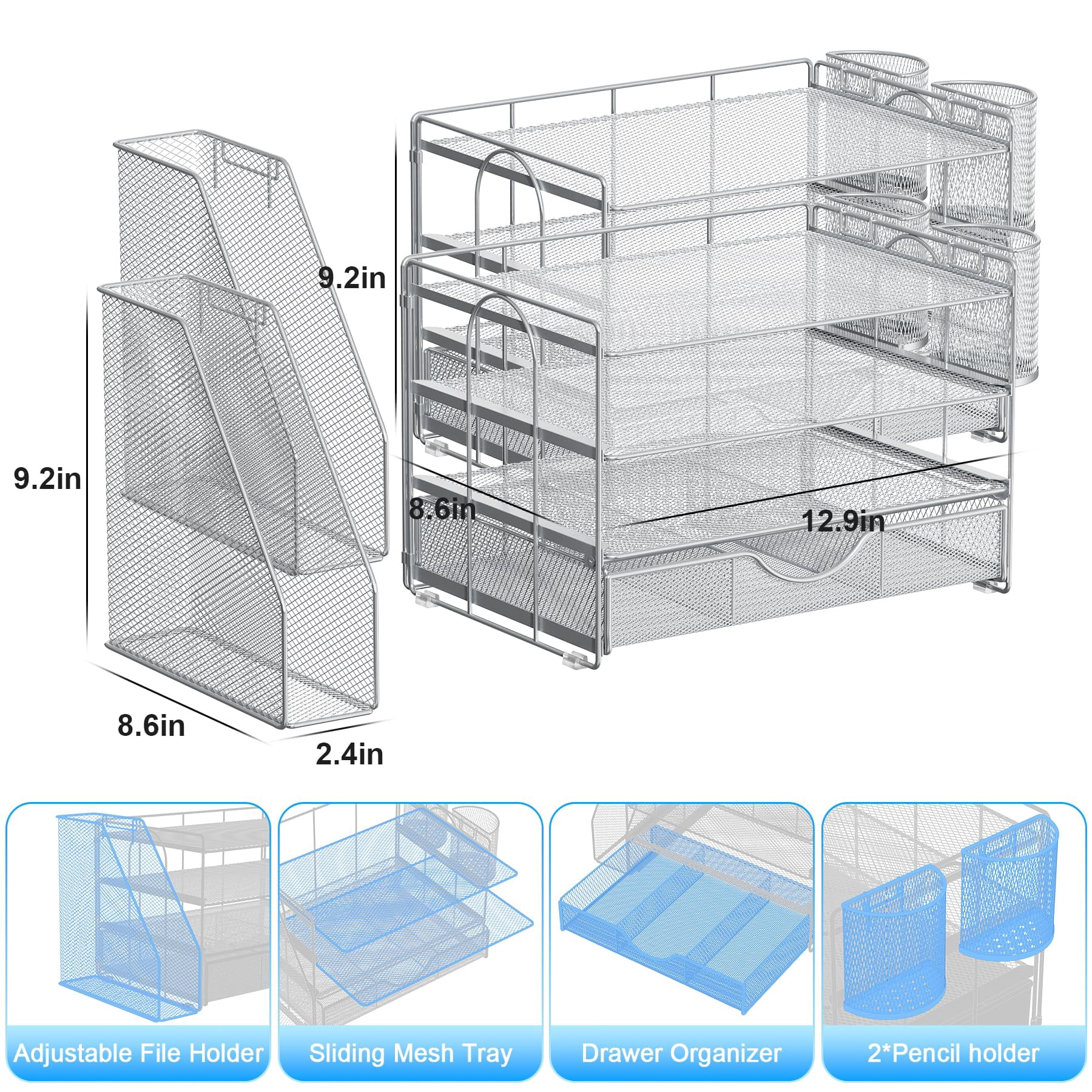 Desk Organizers And Accessories With File Holder  4-tier & Workspace Drawer 2 Pen Paper Organizer For Office Supplies (grey)