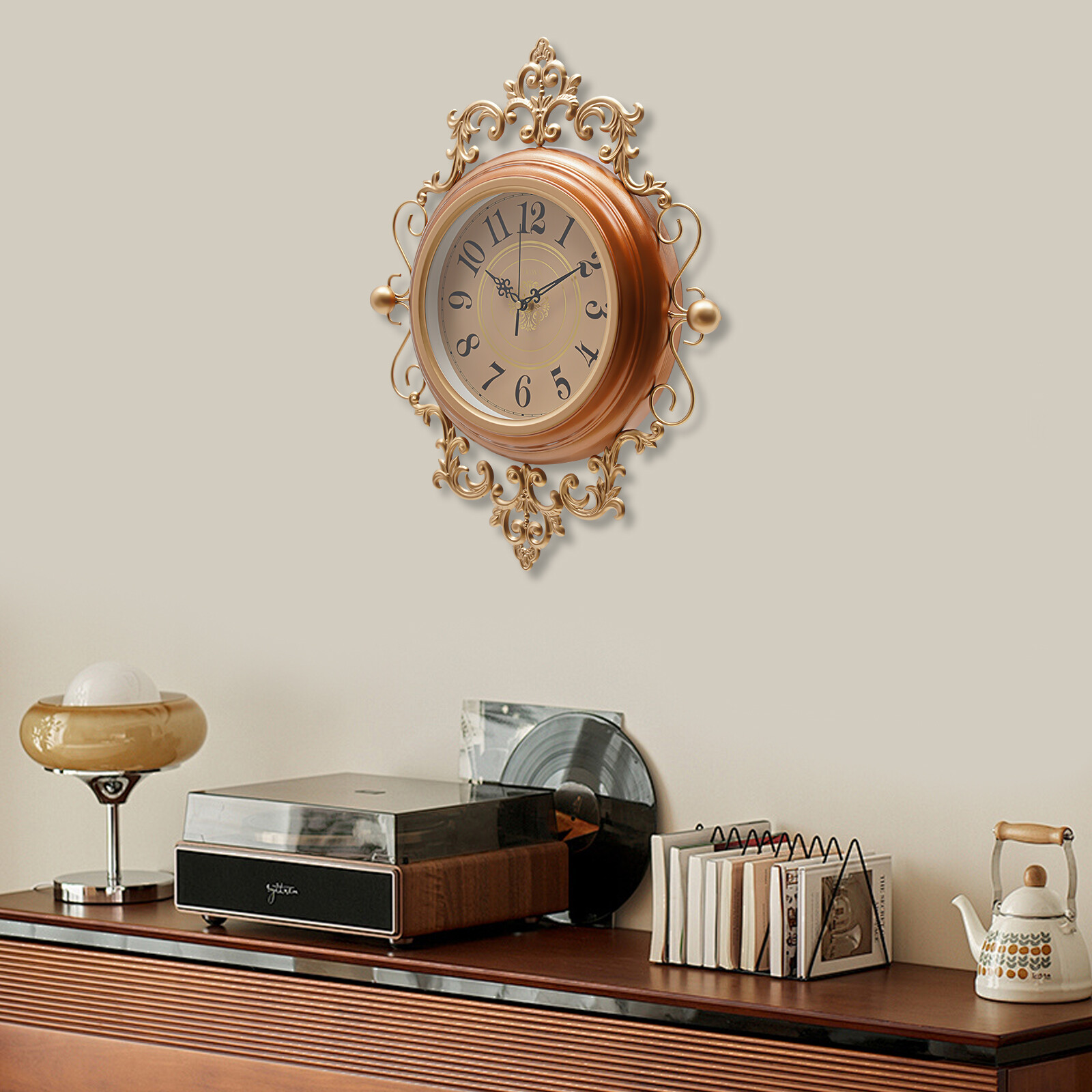 16*19in Wall Mounted Indoor Wall Clock Silent Tanned Metal Retro Wall Clock Living Room Hallway Office Study Bedroom