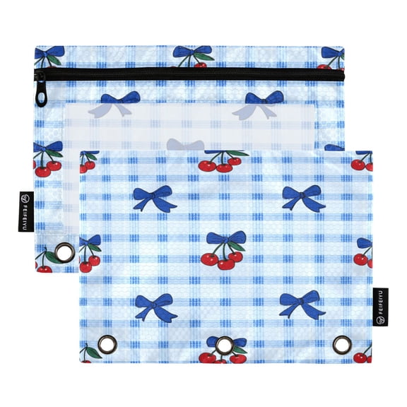2 Pack 3 Ring Binder Pouch with Clear PVC Window Water Resistant Zipper Pencil Pouch Cherry and Blue Bows Binder Pocket for Classroom Office Home Stationery Organization