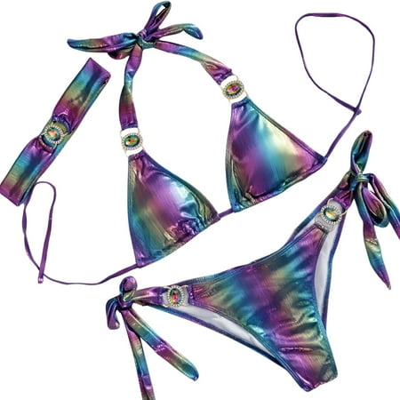 JIANJIA Womens Swimsuits Gradient Print Lace Up Halter Sexy Brassiere With Thongs Sexy Sparkly Beach Swimsuit Three Piece Bikinis Swimwears Holiday Wear Blue S