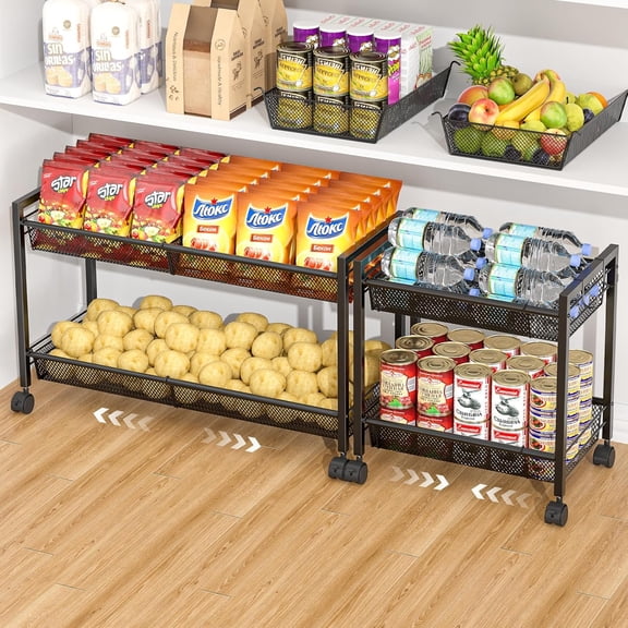 2-Tier Expandable Rolling Pantry Floor Organizer, Stackable Pantry Storage Cart with Wheels, Kitchen Fruit and Vegetable Storage Rack for Onion, Potato, Food, Snacks