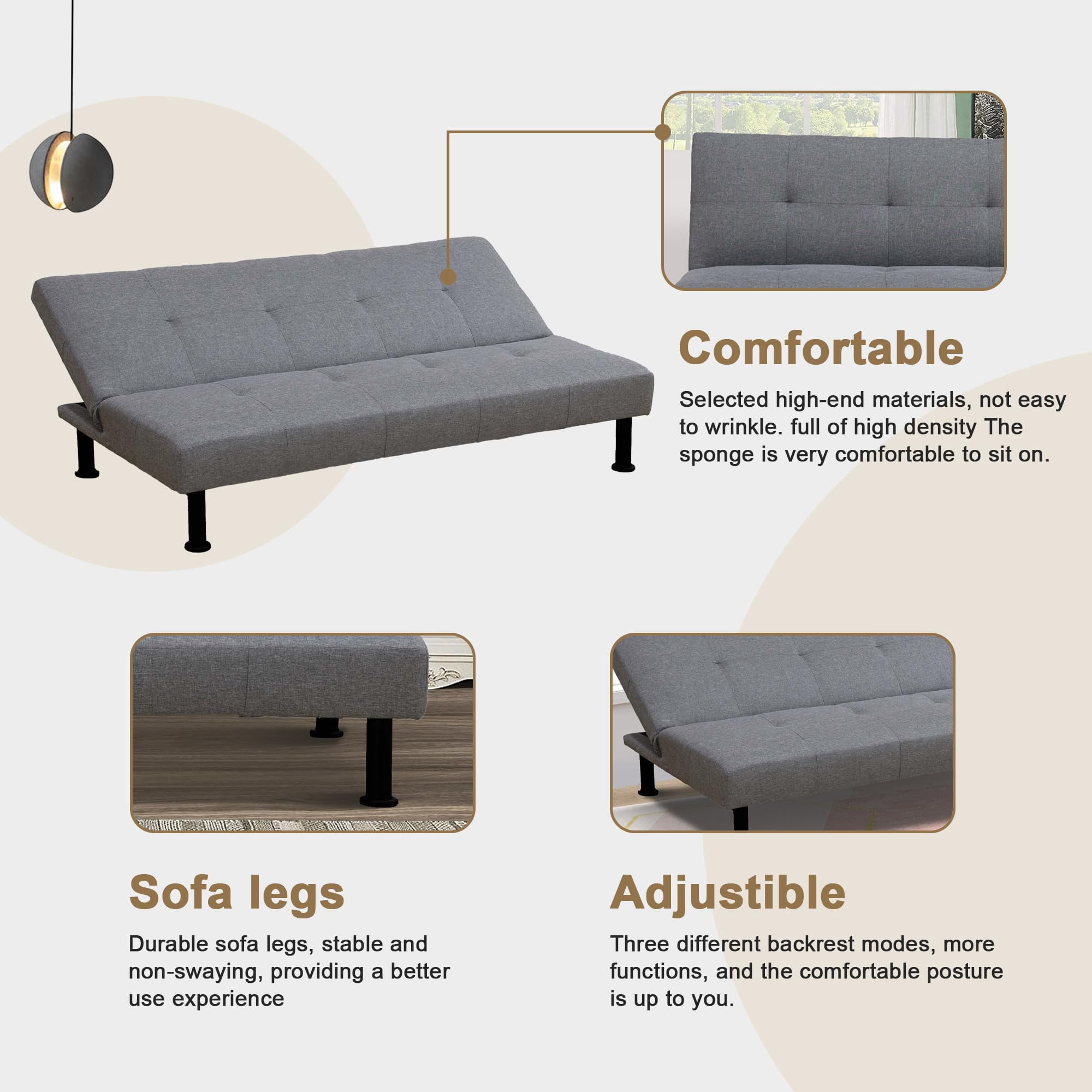 Aukfa Modern Futon Convertible Sofa Bed for Home Office, Tufted Back, Linen, Gray