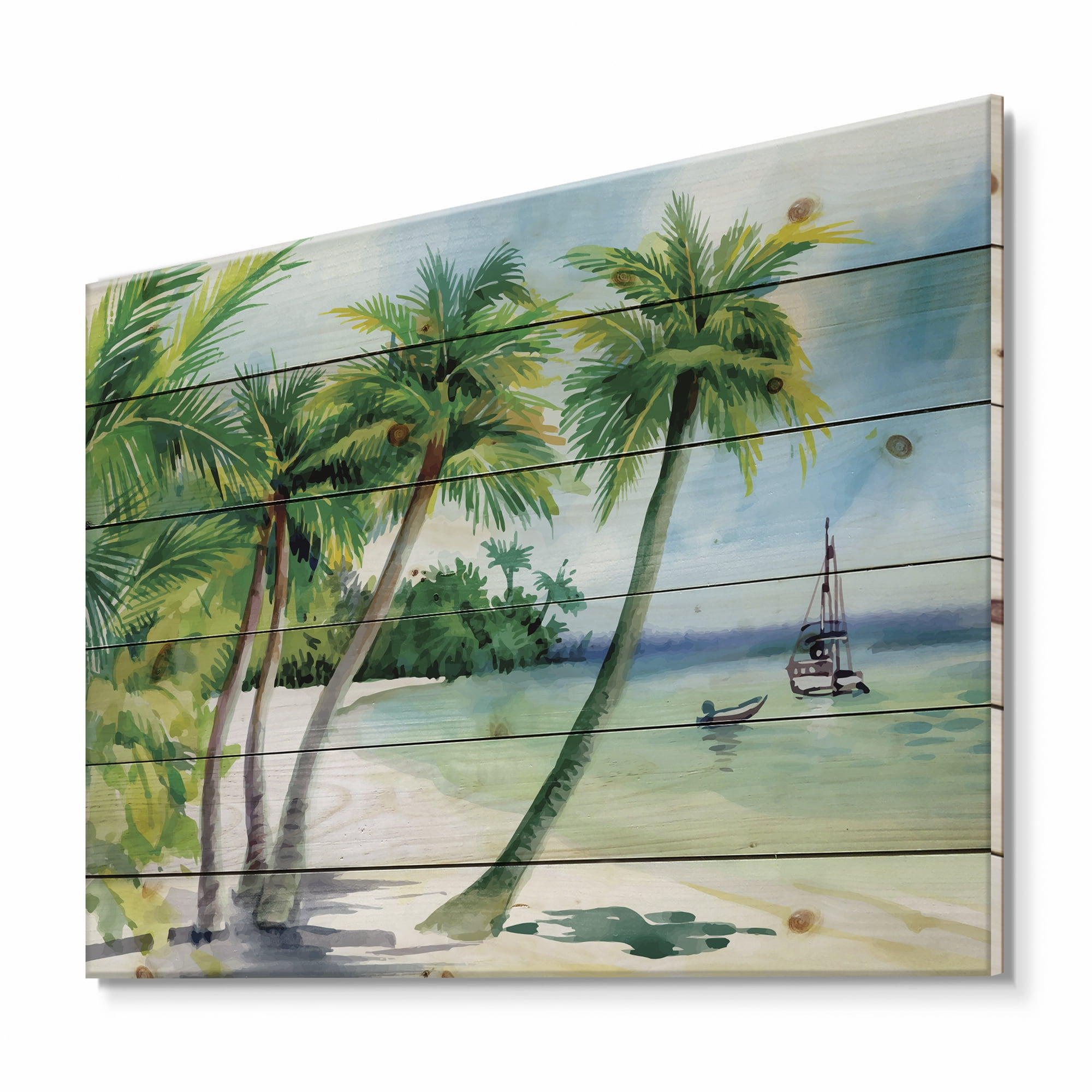 Designart 'Palm Trees With Summer Beach' Nautical & Coastal Print on Natural Pine Wood