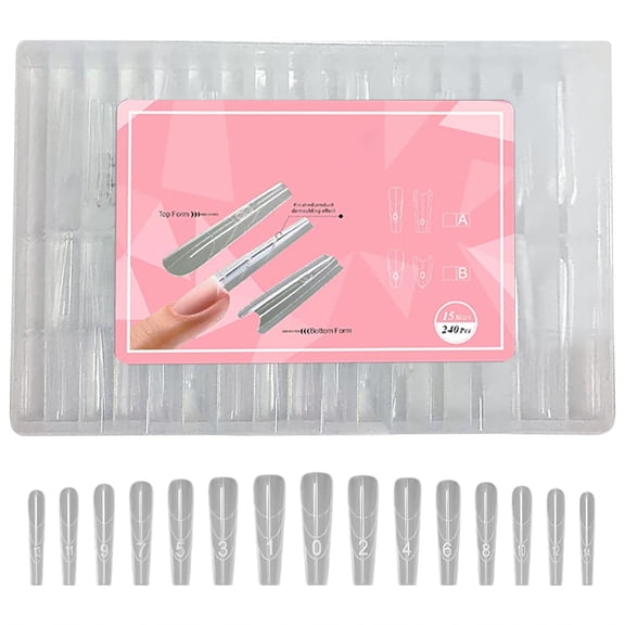 Sandwich Forms for Top and Bottom Extension - Long Coffin Shape with Lines Reusable Full Cover Acrylic Gel Nail Form Templates for Quick DIY Manicure