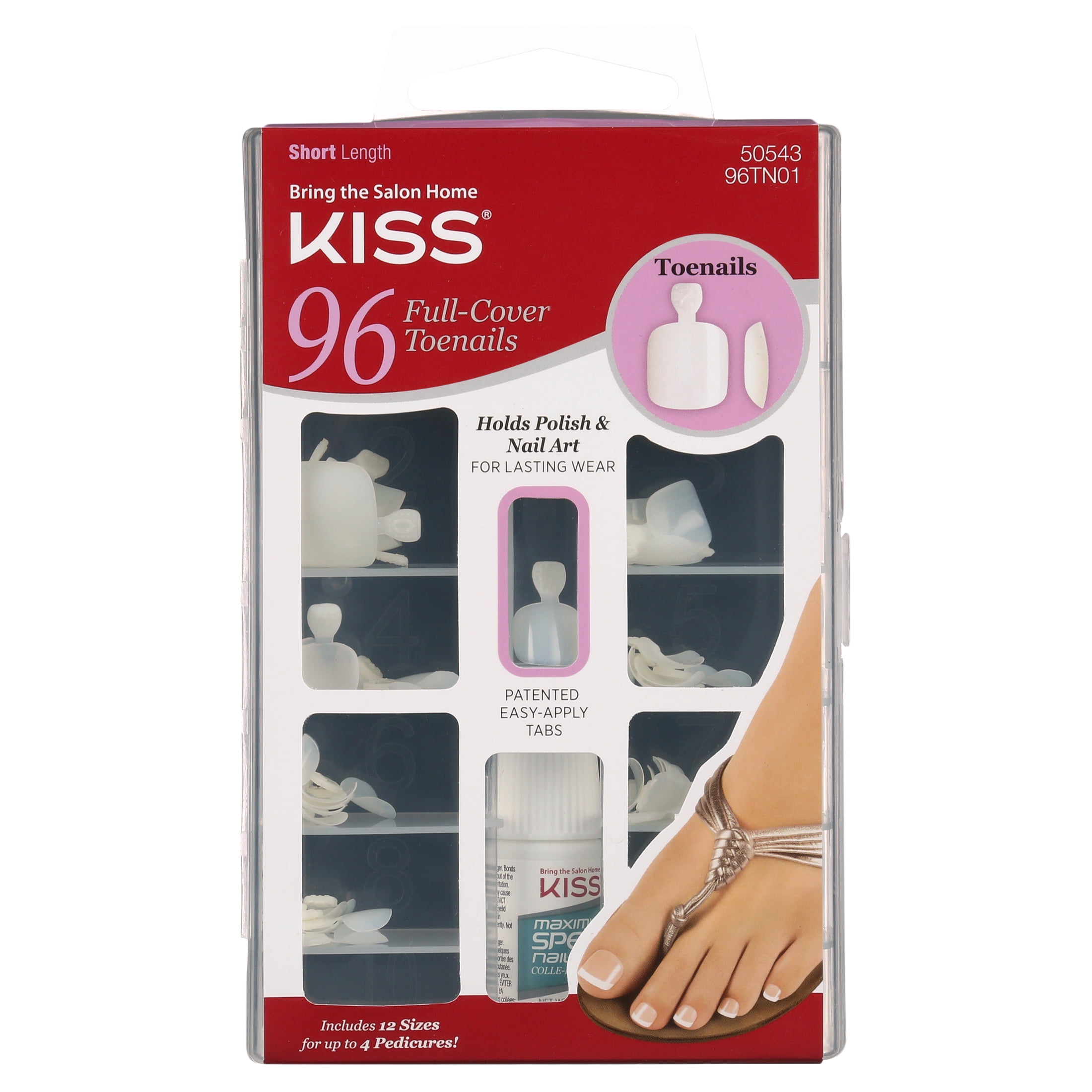 KISS Full-Cover Fake Toenails with Patented Easy-Apply Tabs & Maximum  Strength Nail Glue - 96 Count 