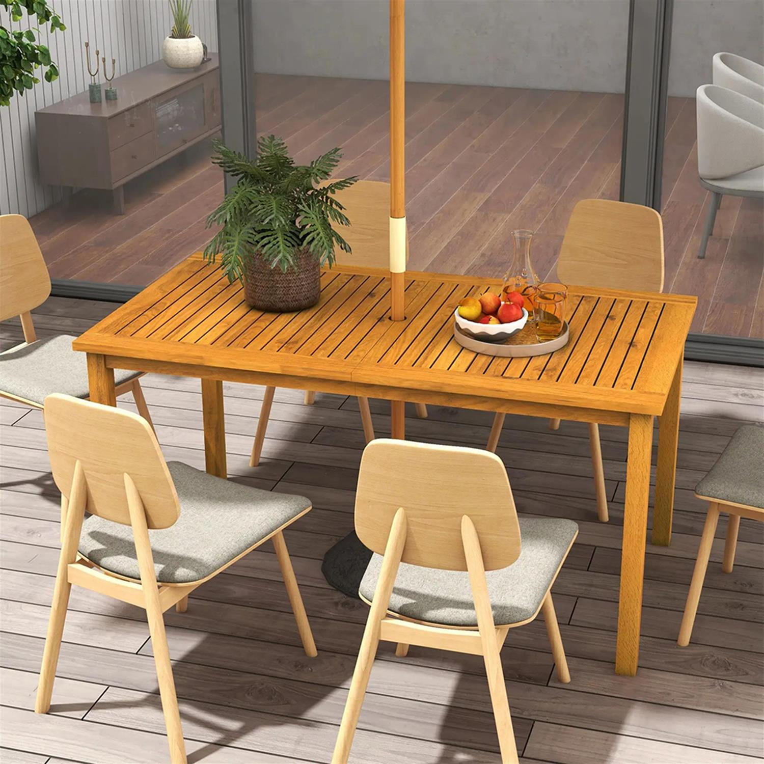 Demi Bonn 6 People Outdoor Dining Tables with Umbrella Hole, Acacia Wood Rectangle Patio Table, Garden Dining Table for Backyard, Lawn, Porch, Brown