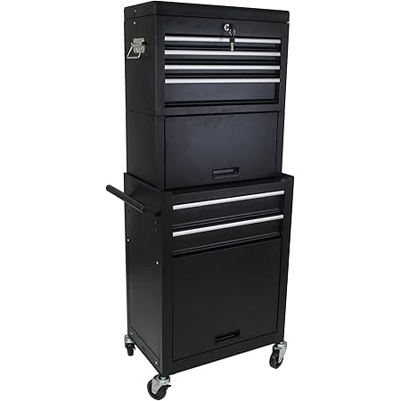 

Rolling Tool Chest 3-in-1 Large Capacity Tool Storage Cabinet Detachable Tool Trolley with 6 Drawers Equipped with Safety Locking System for Garages Warehouses and Workshops (Black)