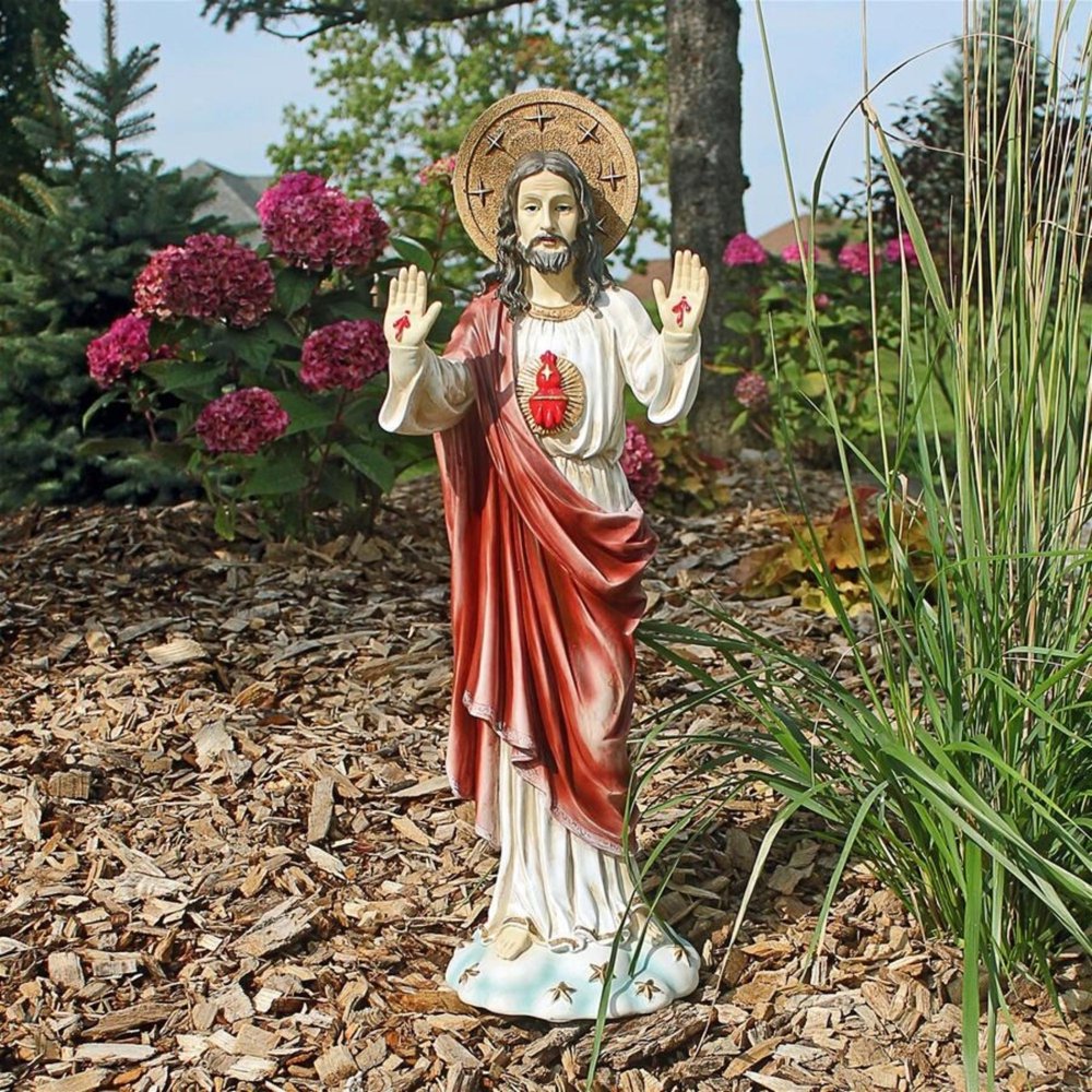 23.5" White and Red Sacred Heart of Jesus Outdoor Garden Statue