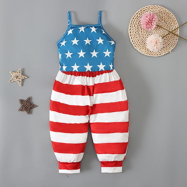 EGNMCR Girls' Jumpsuits & Rompers Girls Children's Summer Independence Day Romper Sling Sleeveless Backless Short Jumpsuit Kid Rompers