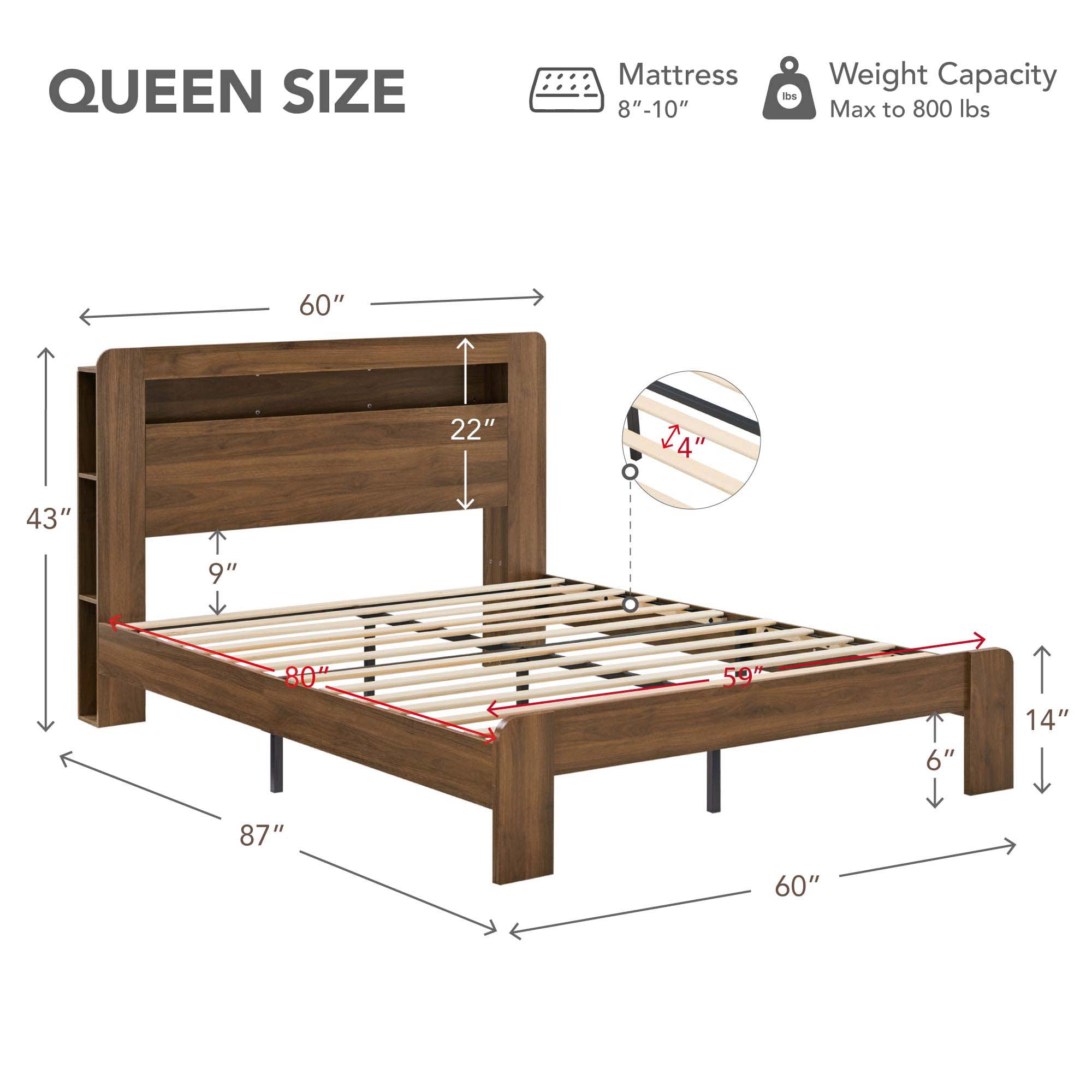 Spruce & Spring Modern Wood Queen Bed Frame with LED Lights, Storage Headboard & Charging Station, Noise-Free, No Box Spring Required, Easy Assembly, Walnut