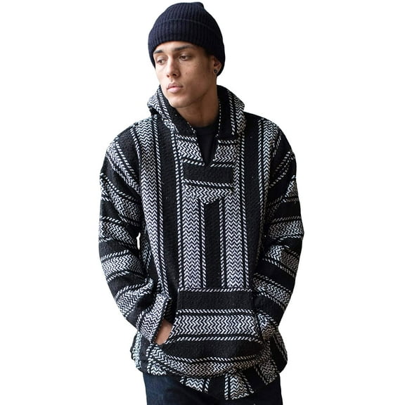Mexican Baja Hoodie Sweater Jerga Pullover Black White Medium