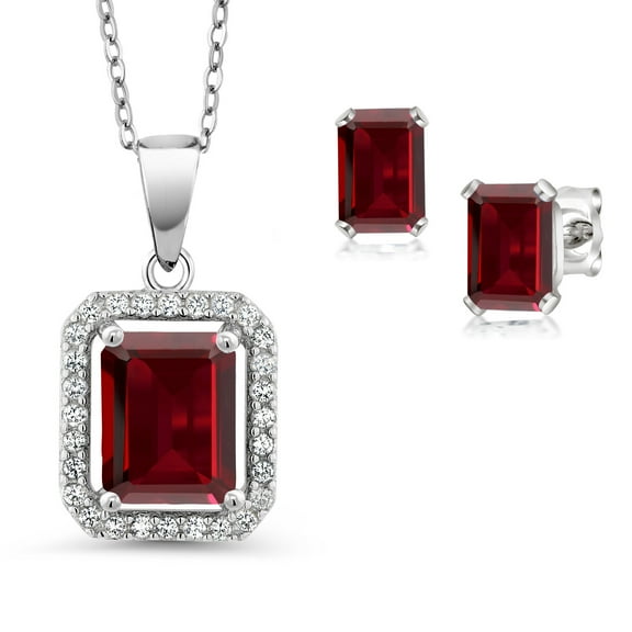 Gem Stone King 925 Sterling Silver Red Garnet Pendant and Earrings Jewelry Set for Women (4.58 Cttw, Emerald Cut 9X7MM and 6X4MM, Gemstone January Birthstone, with 18 inch Chain)