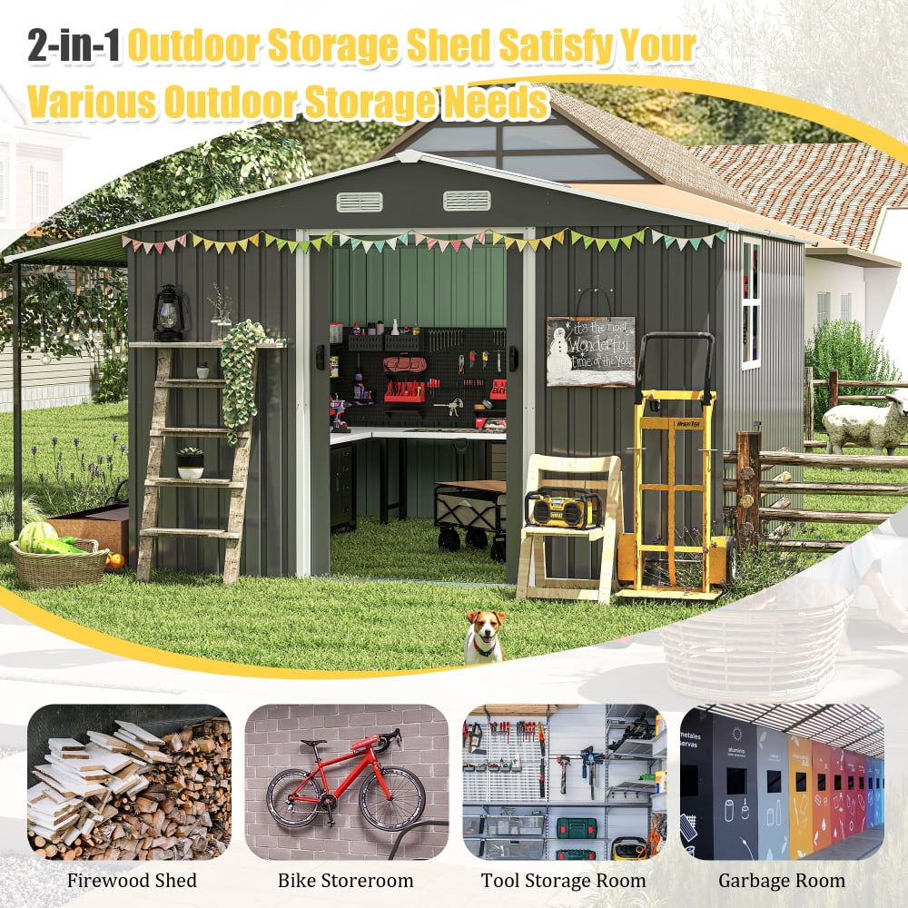 10x12 FT Dual-Zone Metal Storage Shed, Features Lockable Tool Storage & Firewood Bay for Organized, Secure Backyard Utility