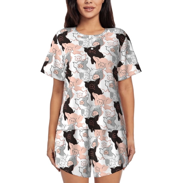 Fotbe Pigs Conjunto de Pijama Estampado para Mujer, 2 Piezas, Ropa de Dormir con Camiseta de Manga Corta y Shorts Suaves-Large