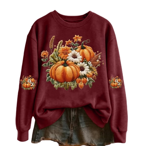 Gunia Plus Size Pumpkin Womens Halloween Sweatshirts Hoodless Sweatshirt Casual Wear Round Neck Long Sleeve Pullover Cozy Stylish Tops Fall Fashion Clothes Red S-3Xl