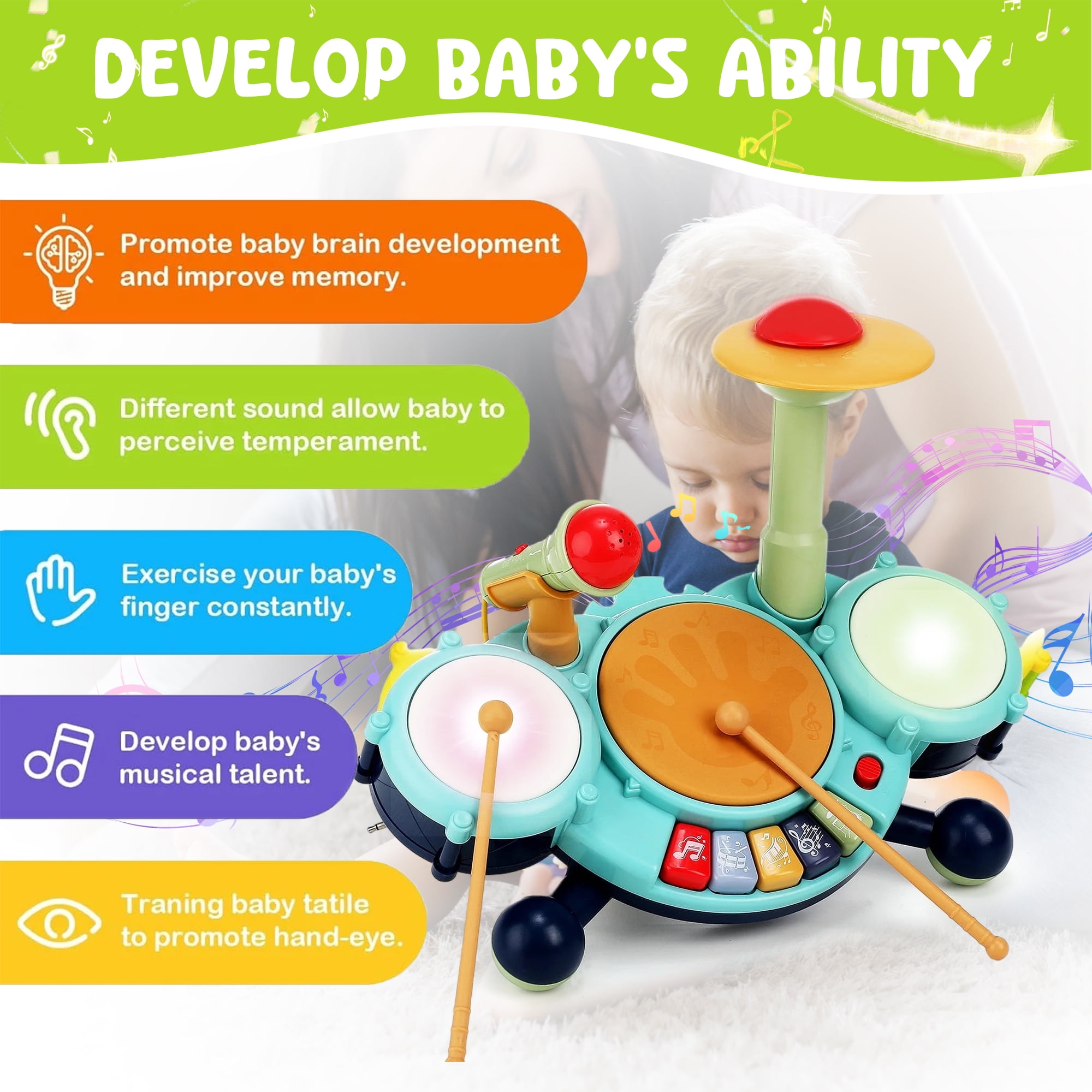 JBeeCtrl Toddler Drum Set for Kids 1-4 Kids Drum Set for 1-5 with 2 Sticks Musical Toys for 1 2 3 Year Old Boys Instrument Learning Developmental Baby BirthdayGift Blue