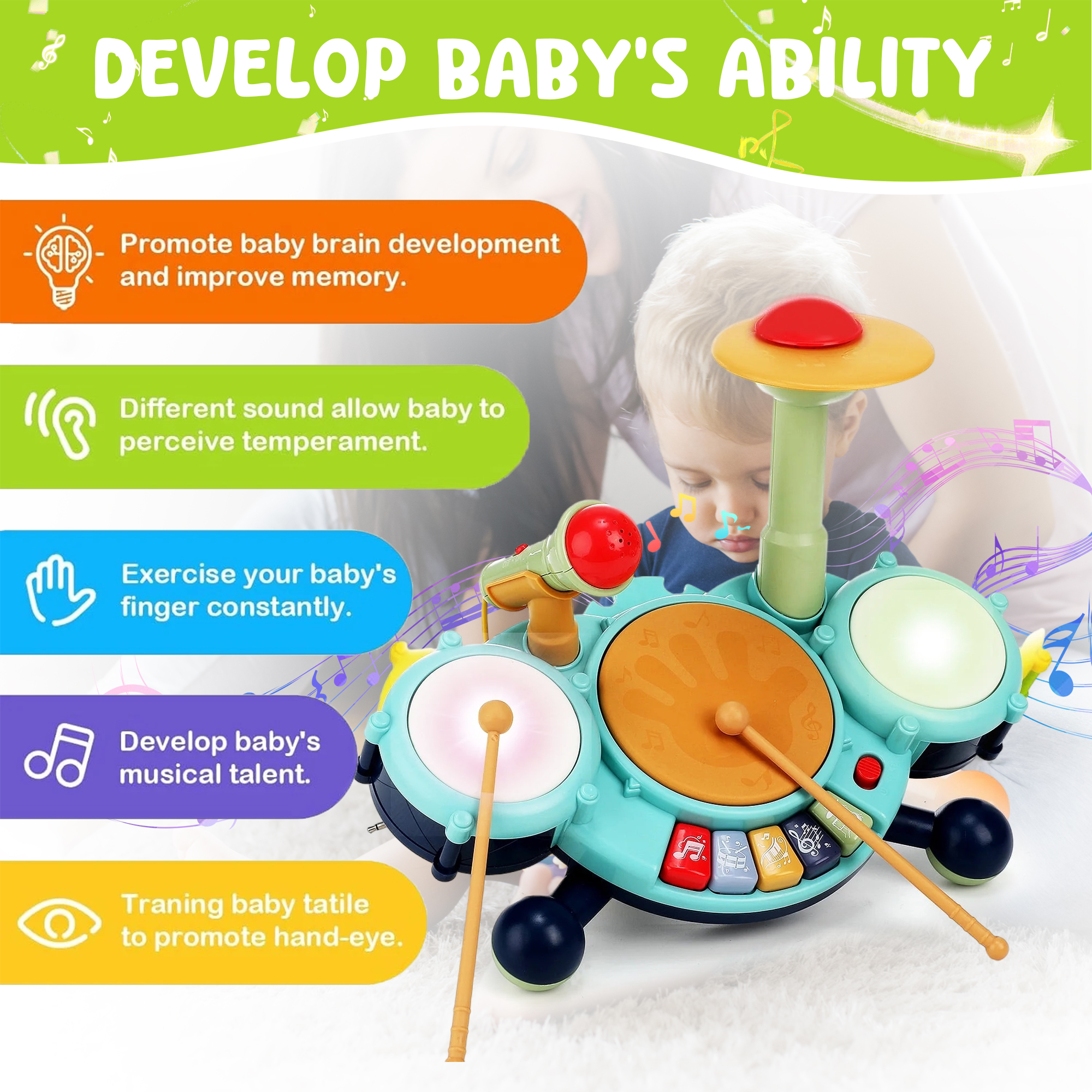 JBeeCtrl Toddler Drum Set with Microphone and Piano Keys photo 4