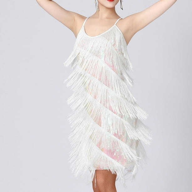 ICHUANYI Clearance Women's Fashion Suspender Crewneck Sequin Feather Sleeveless Solid Mini Dress(White, L) ICHUANYI WER2023080911867