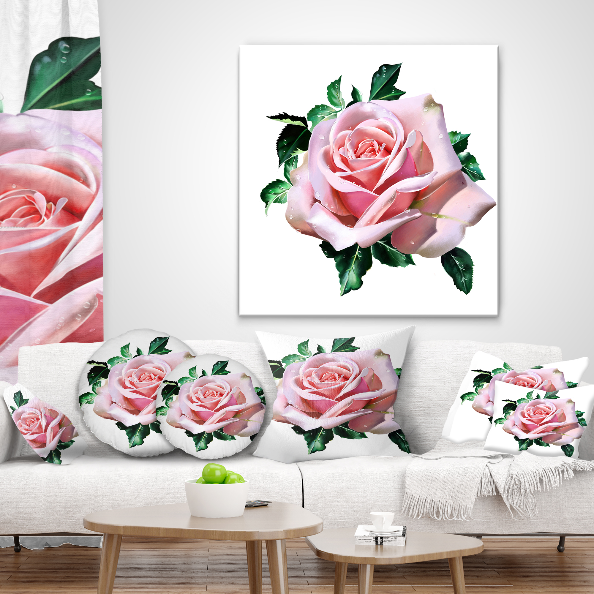Designart Watercolor Rose with Green Leaves - Floral Throw Pillow - 16x16