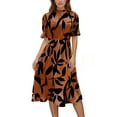 thumbnail image 3 of WTOBBY Short-Sleeve Round Neck Ruffled Printed Long Skirt with Waist Tying, Flowy and Feminine for Spring Summer Casual Events,Light Brown L, 3 of 4