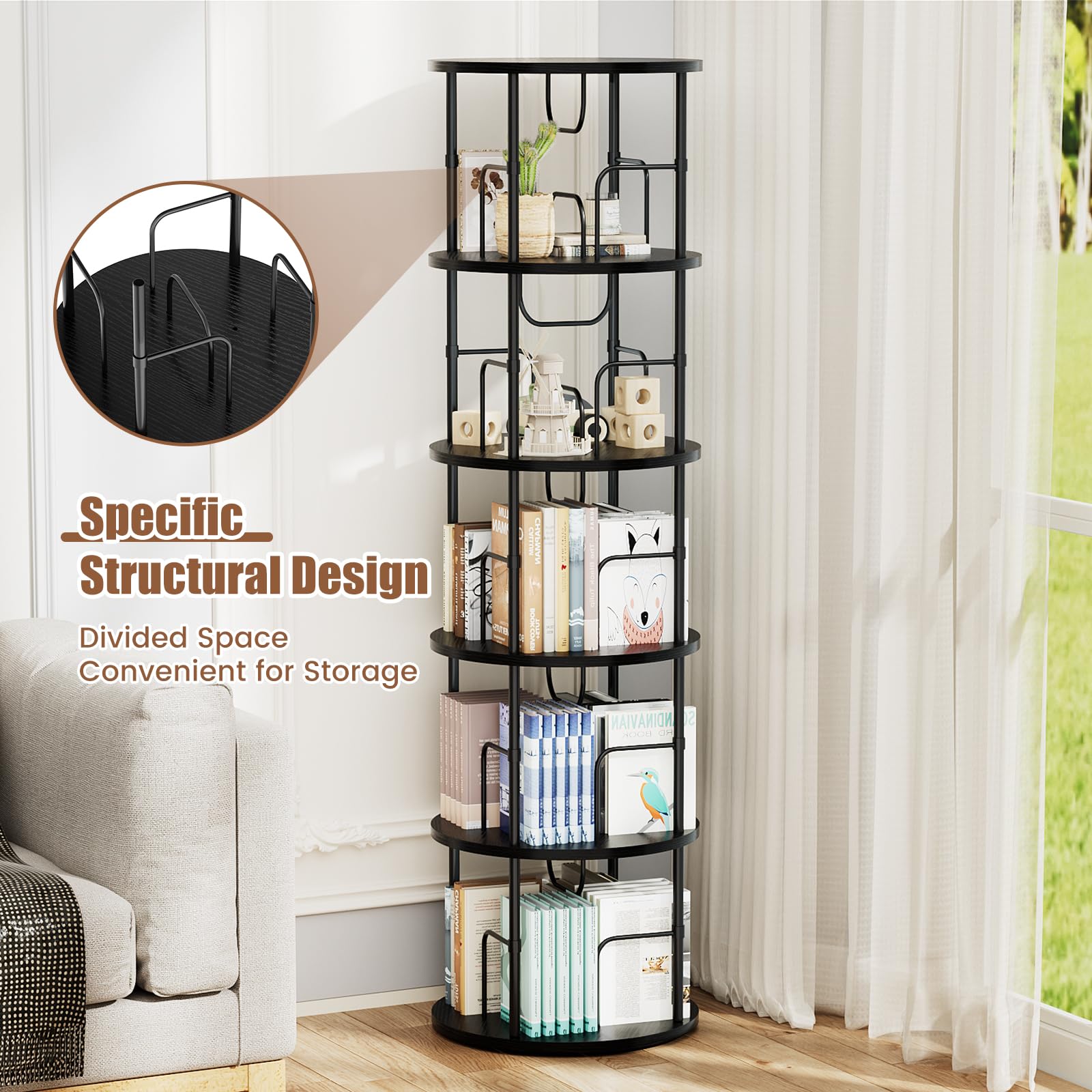 Flycity 5-Tier 360° Rotating Bookcase, Black photo 4