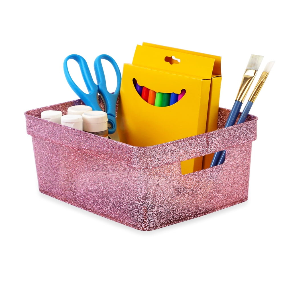 Isaac Jacobs 4-Pack Small Pink Glitter Storage Bin Set with Cutout Handles, Home Storage Solution